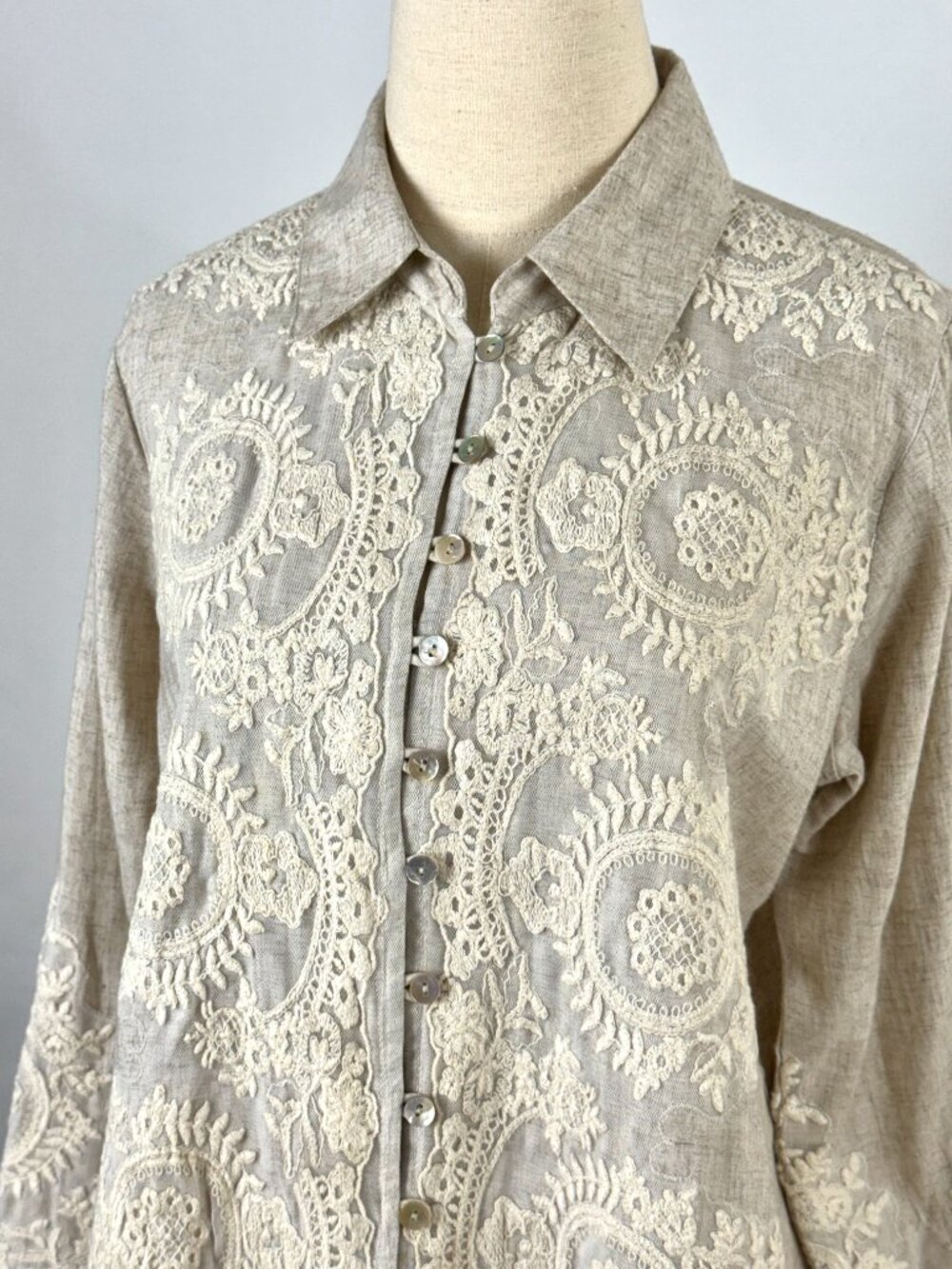 Soft Surroundings Embroidered Lace Button Down Tunic Linen Rayon Beige Relaxed - Picture 2 of 9